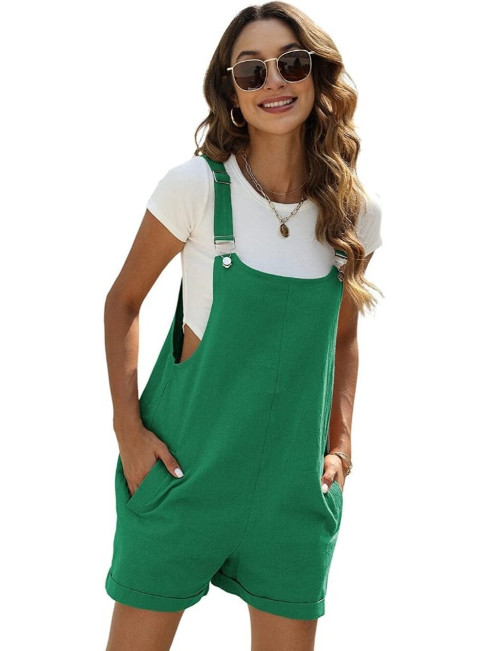 Women's Emerald Summer Cotton Linen Short Casual Bib Overall Romper with Pockets